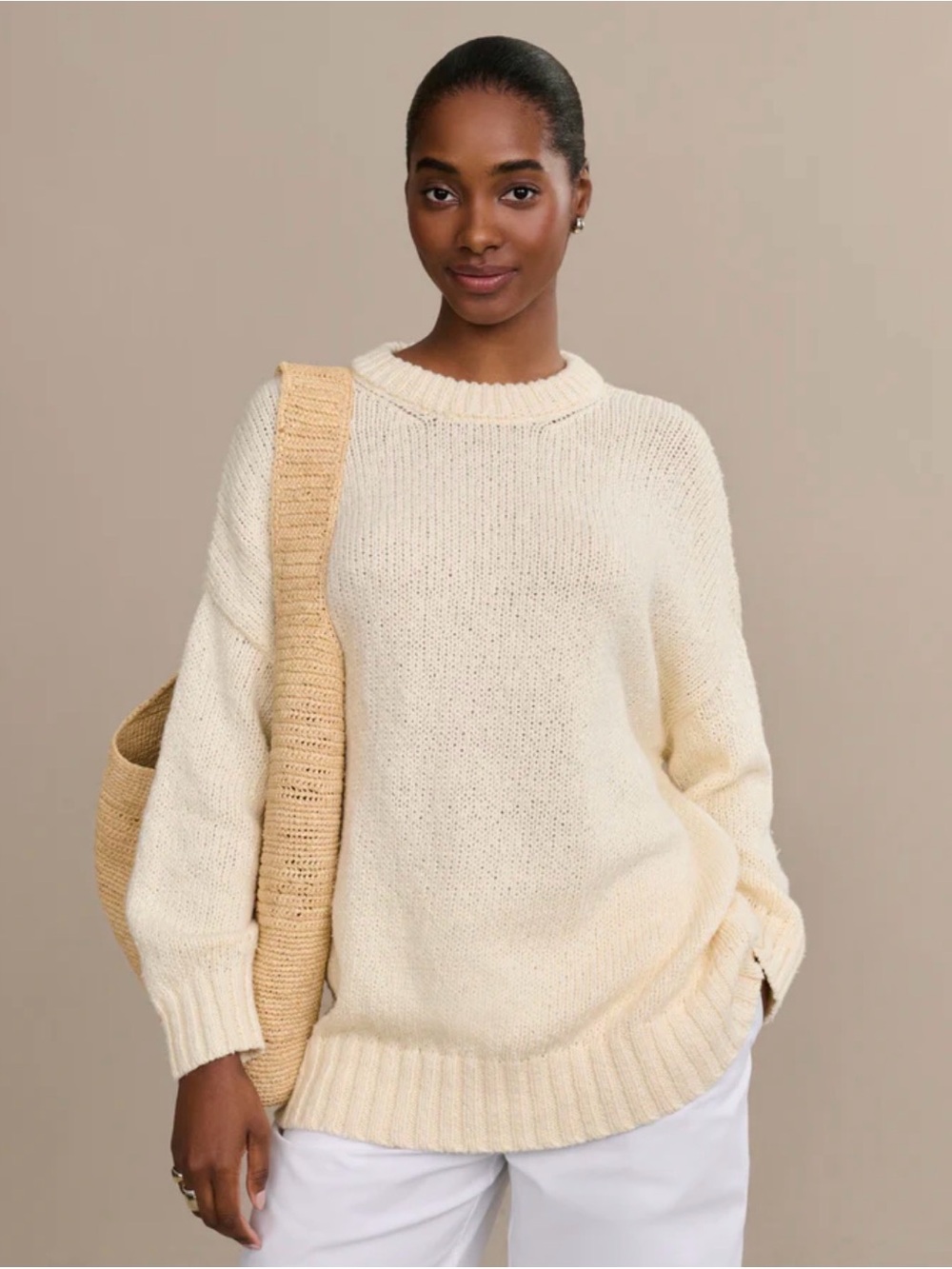 Jenni Kayne Foster Cotton Sweater Cream Crewneck Relaxed Knit Sweater
